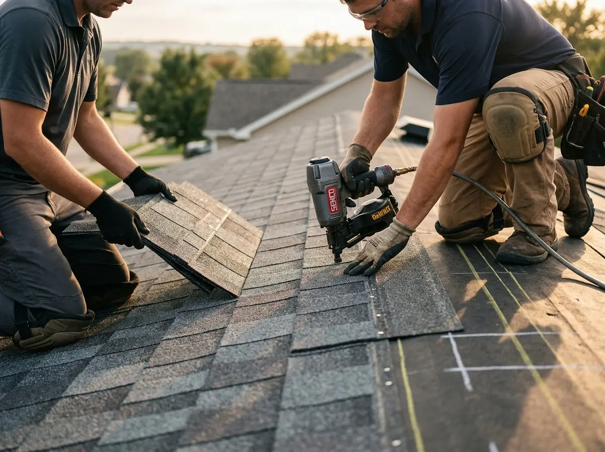 Professional roofer working on a residential roof in Winona Lake